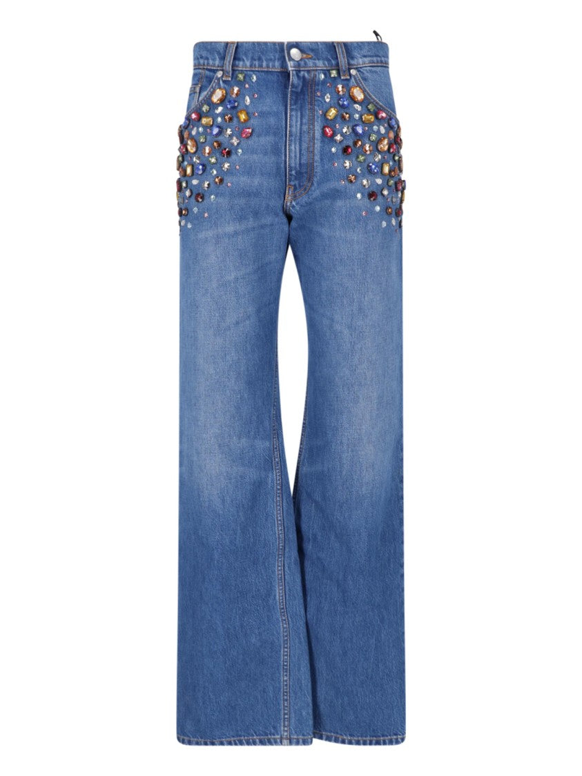 Stella Mccartney Blue High-Waisted Crystal Straight-Leg Jeans