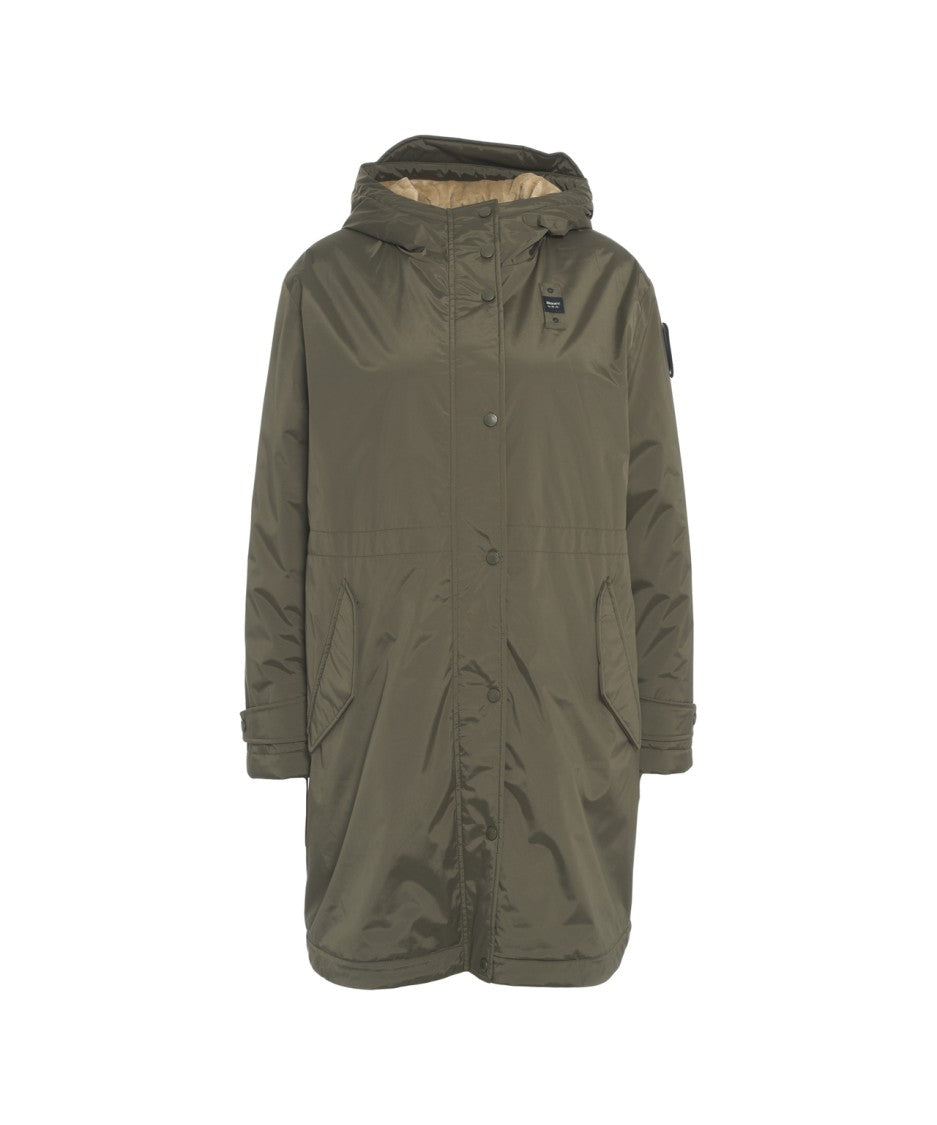 Blauer Quilted Olive Green Parka With Protective Hood And Adjustable Details