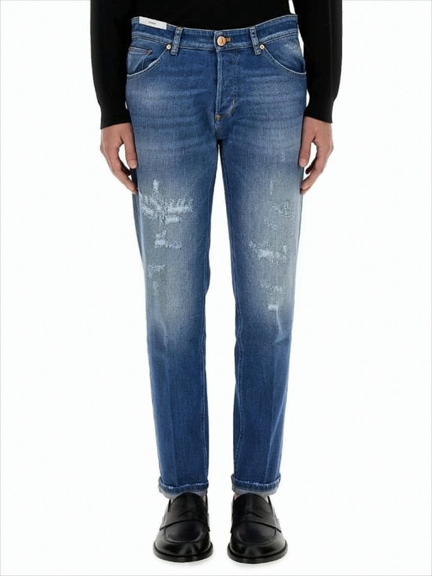 Pt Torino Medium Blue Wash Denim Trousers With Tapered Leg And Distressed Details