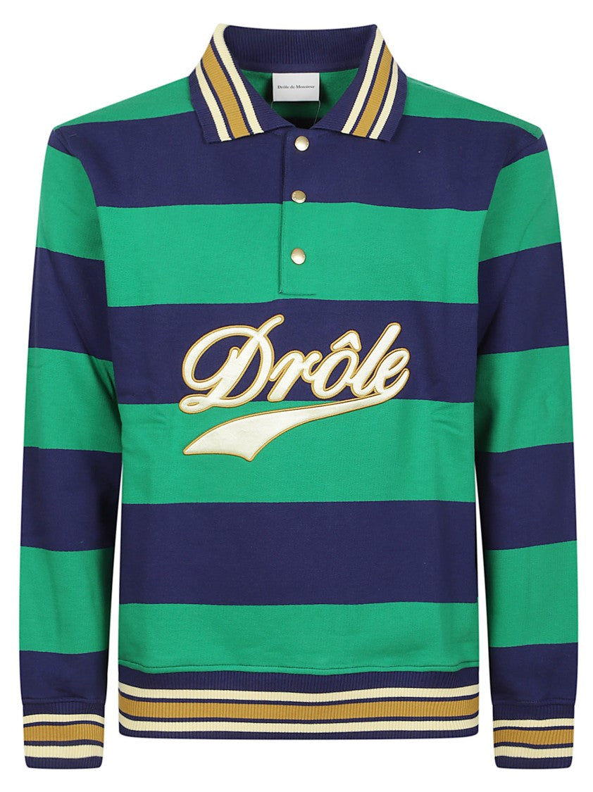 Drôle De Monsieur Embroidered Logo Script Striped Long-Sleeve Cotton Polo Shirt