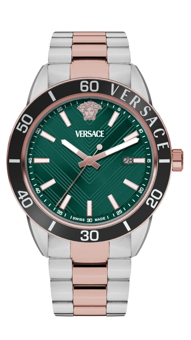 Versace Greca Urban Quartz Watch With Green Dial And Dual-Tone Bracelet