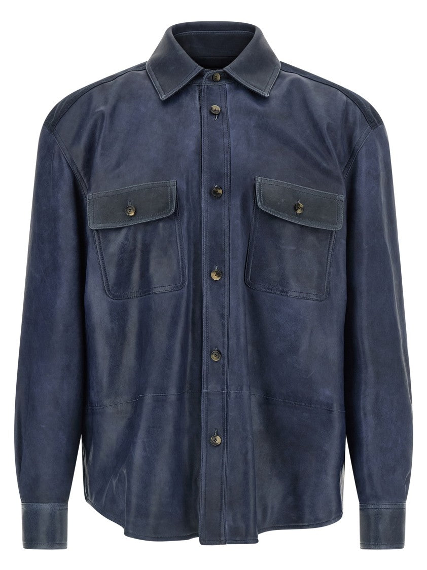 Loewe Vintage-Effect Lamb Nappa Leather Overshirt With Cotton Twill Back