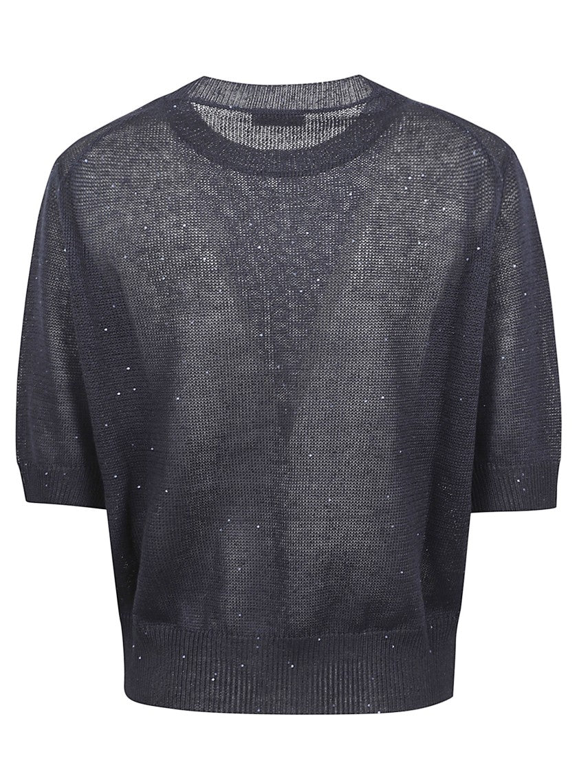 Brunello Cucinelli Round-Neck Black Sweater With Ribbed Edges And Sequin Embroidery