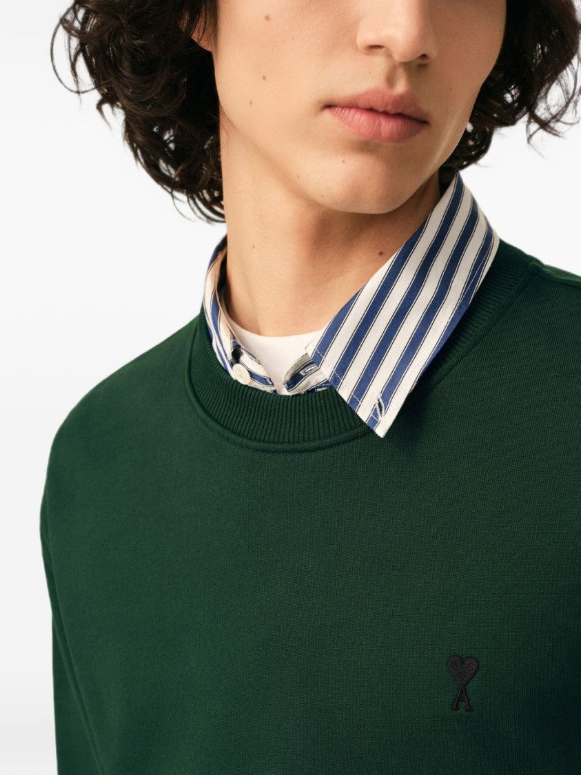 Ami Paris Deep Green Sweater With Classic Crew Neckline