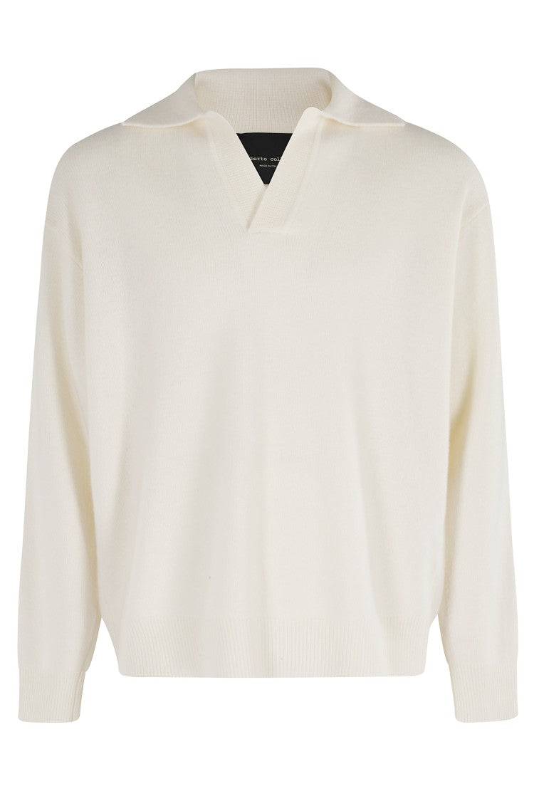 Roberto Collina Classic White Long-Sleeve Polo With V-Neck