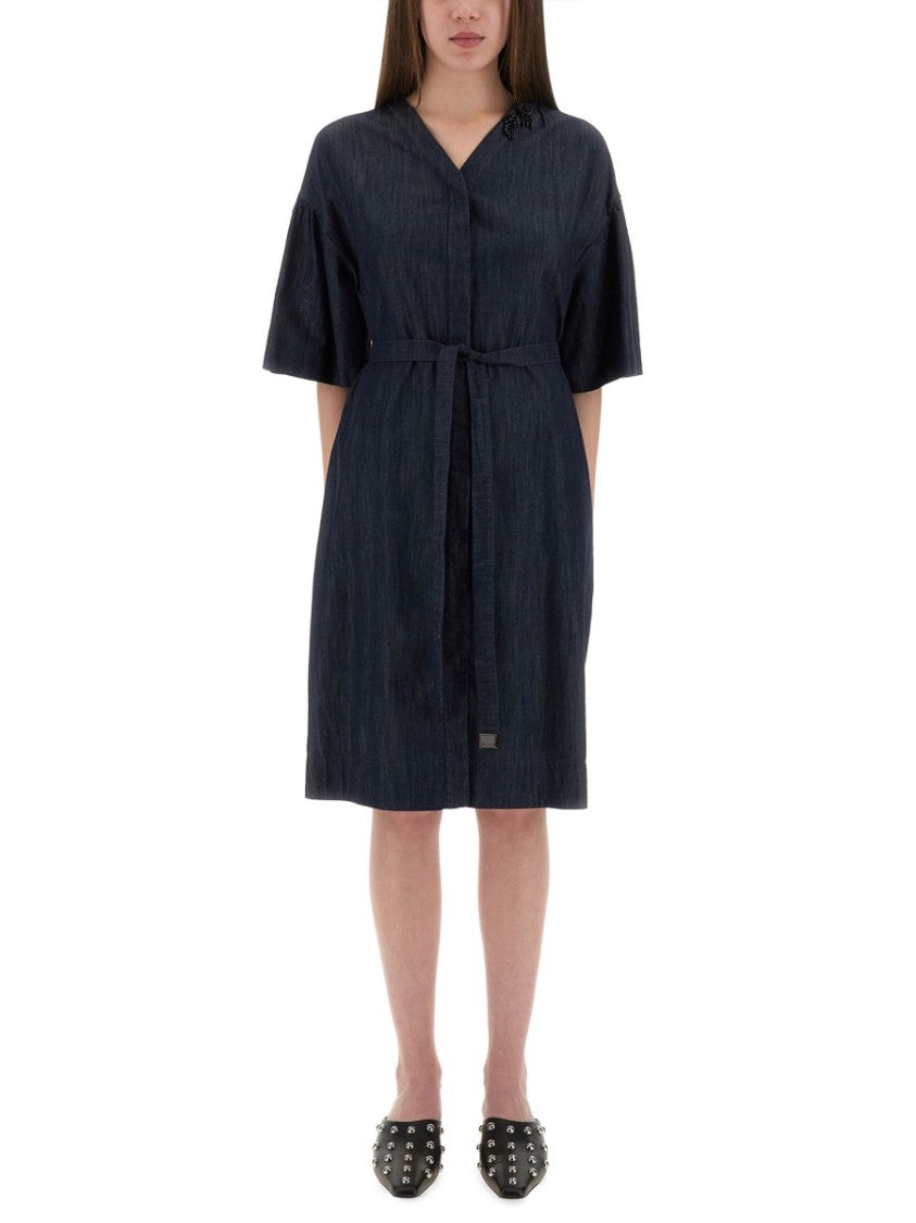 Max Mara Knee-Length Cotton Dress With V-Neckline And Belted Waist