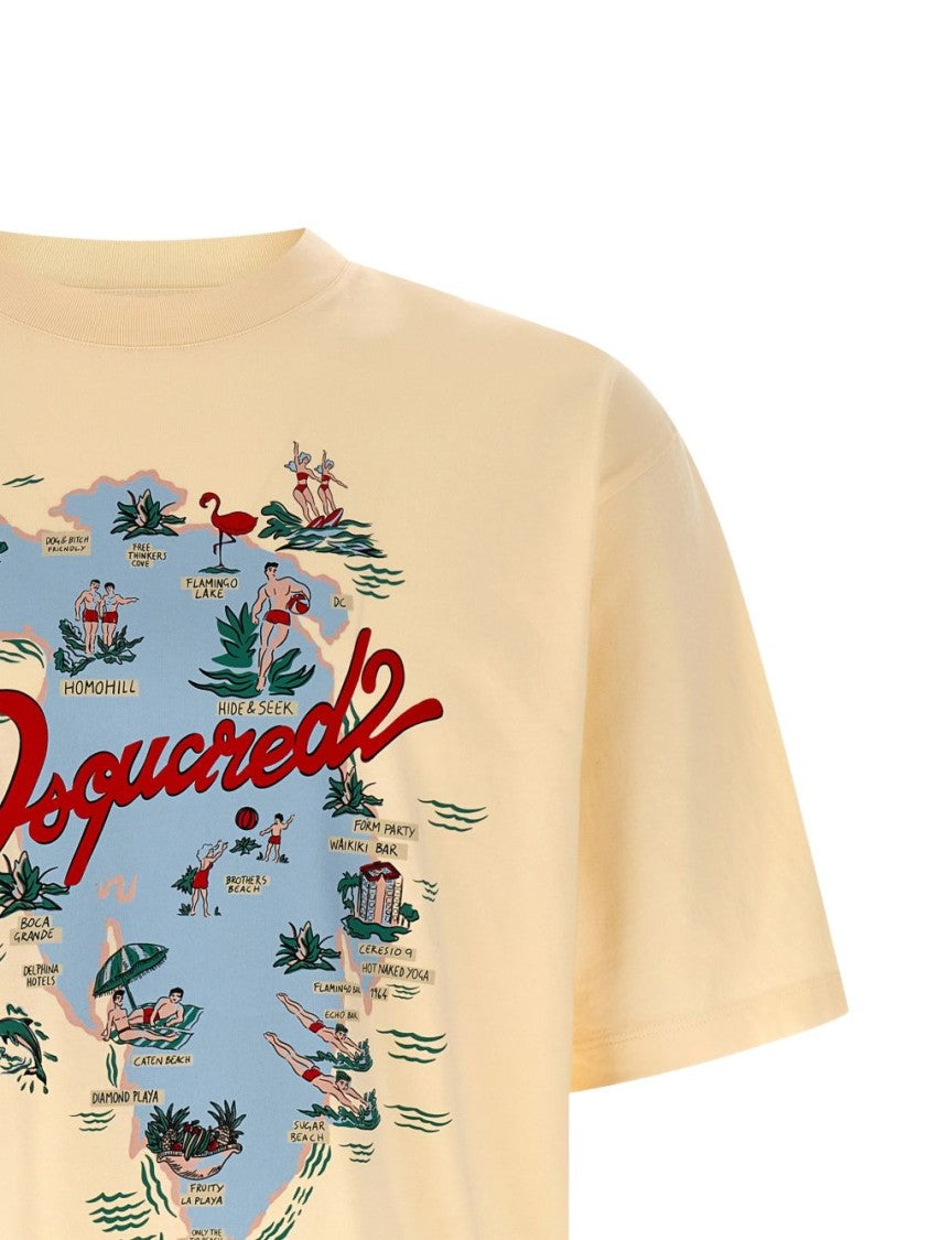 Dsquared2 Beige Map Graphic Asymmetric Hem T-Shirt