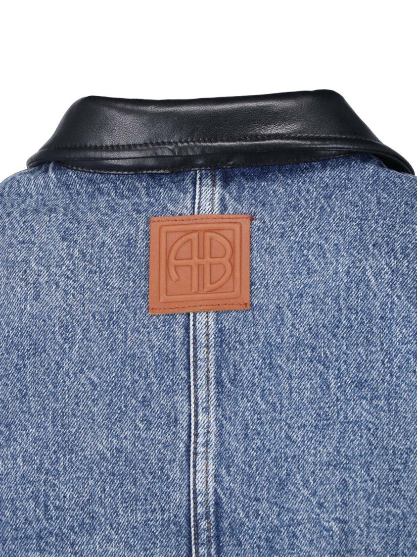 Anine Bing Cropped Blue Denim Jacket With Black Leather Collar