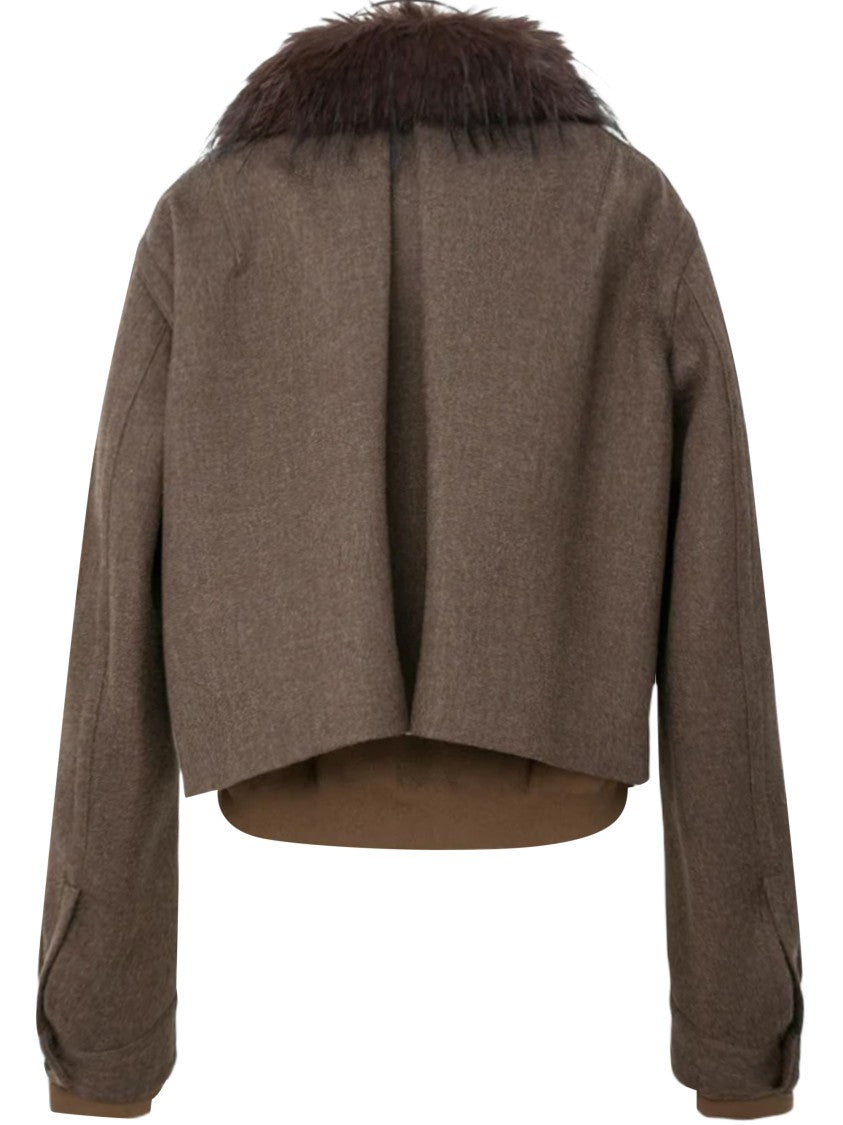 Sacai Cropped Wool Melton Blouson With Plush Fur Collar