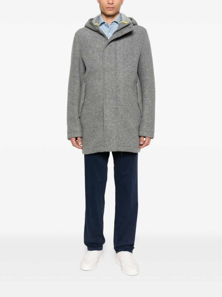Manuel Ritz Hooded Grey Wool Coat With Flap Pockets And Concealed Closure