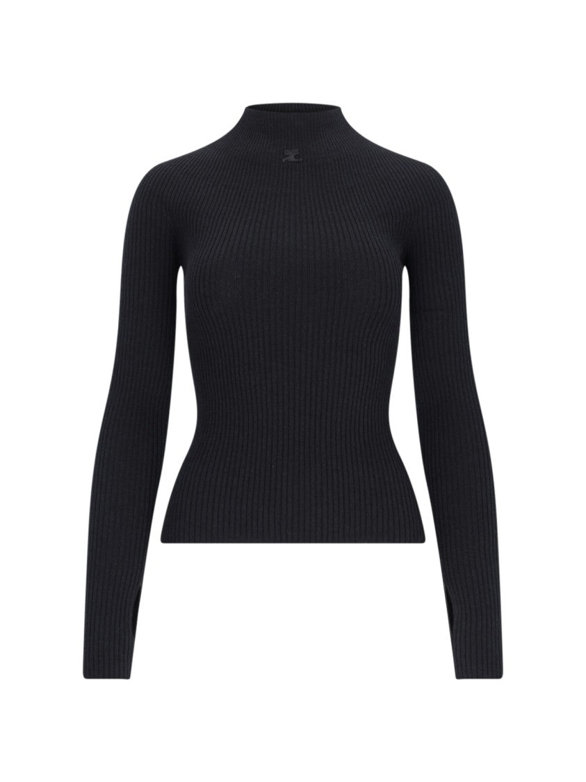 Courrèges High-Neck Sweater In Black Cotton And Wool Blend