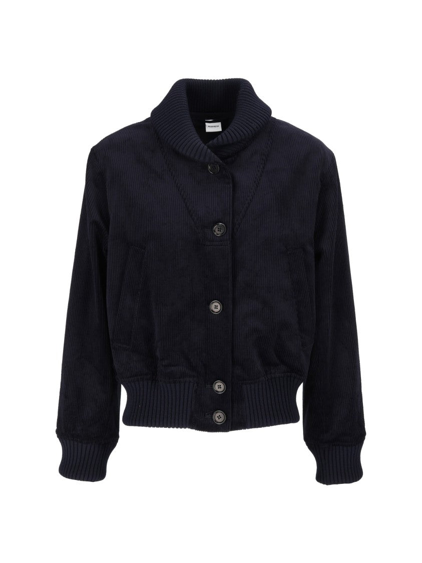 Aspesi Cropped Blue Ribbed Shawl-Collar Corduroy Jacket