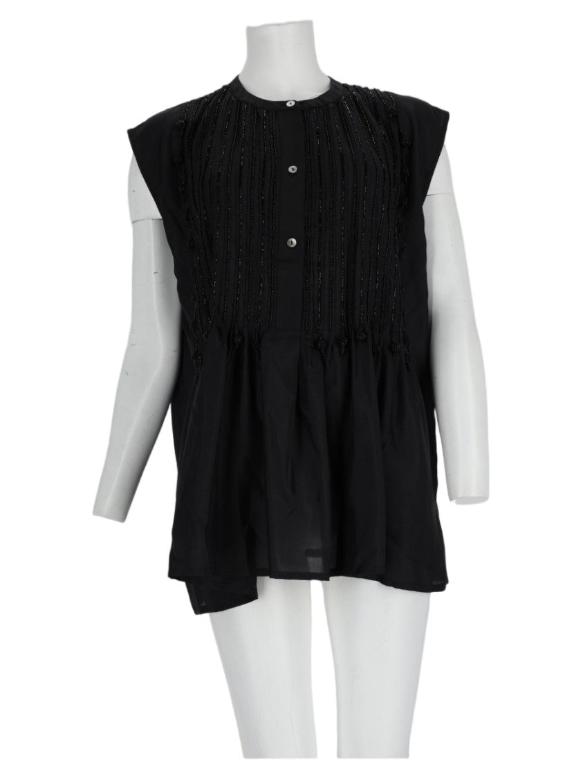 P.A.R.O.S.H. Black Flowy Pleated Silk Top