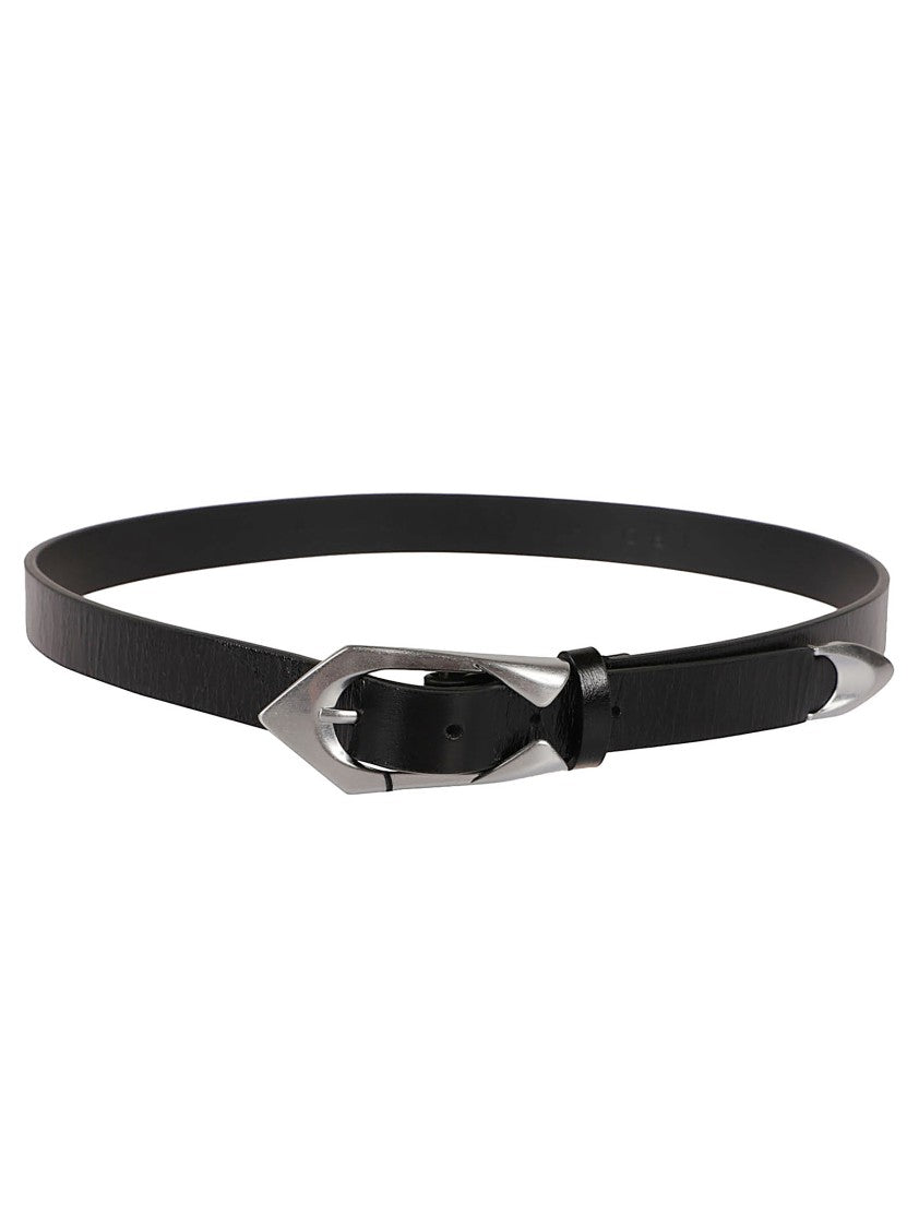 Iro Narrow Black Belt With Angular Silver-Toned Buckle
