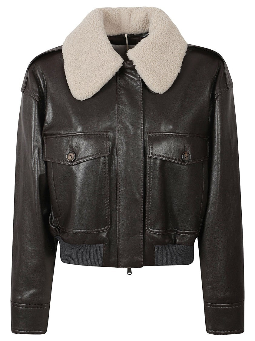 Brunello Cucinelli Cropped Shearling Collar Leather Jacket