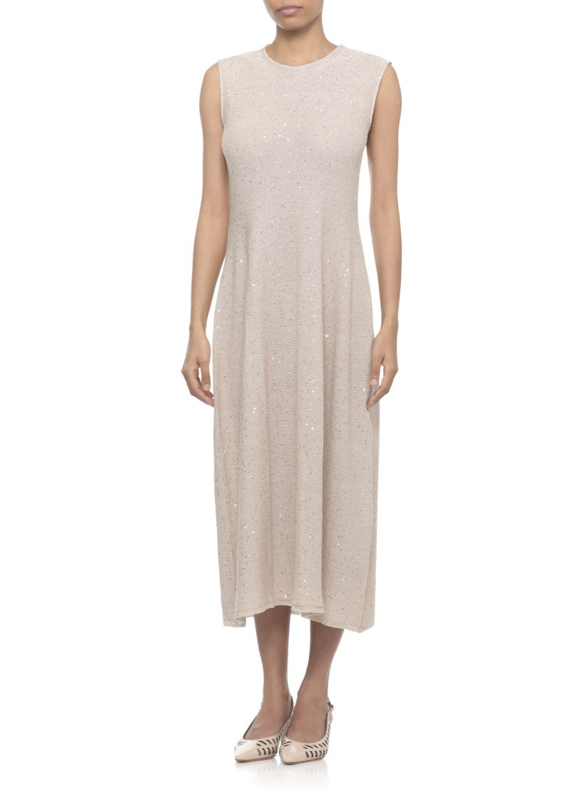 Antonelli Firenze Beige Midi Dress With Sequined Embellishments And Relaxed Silhouette