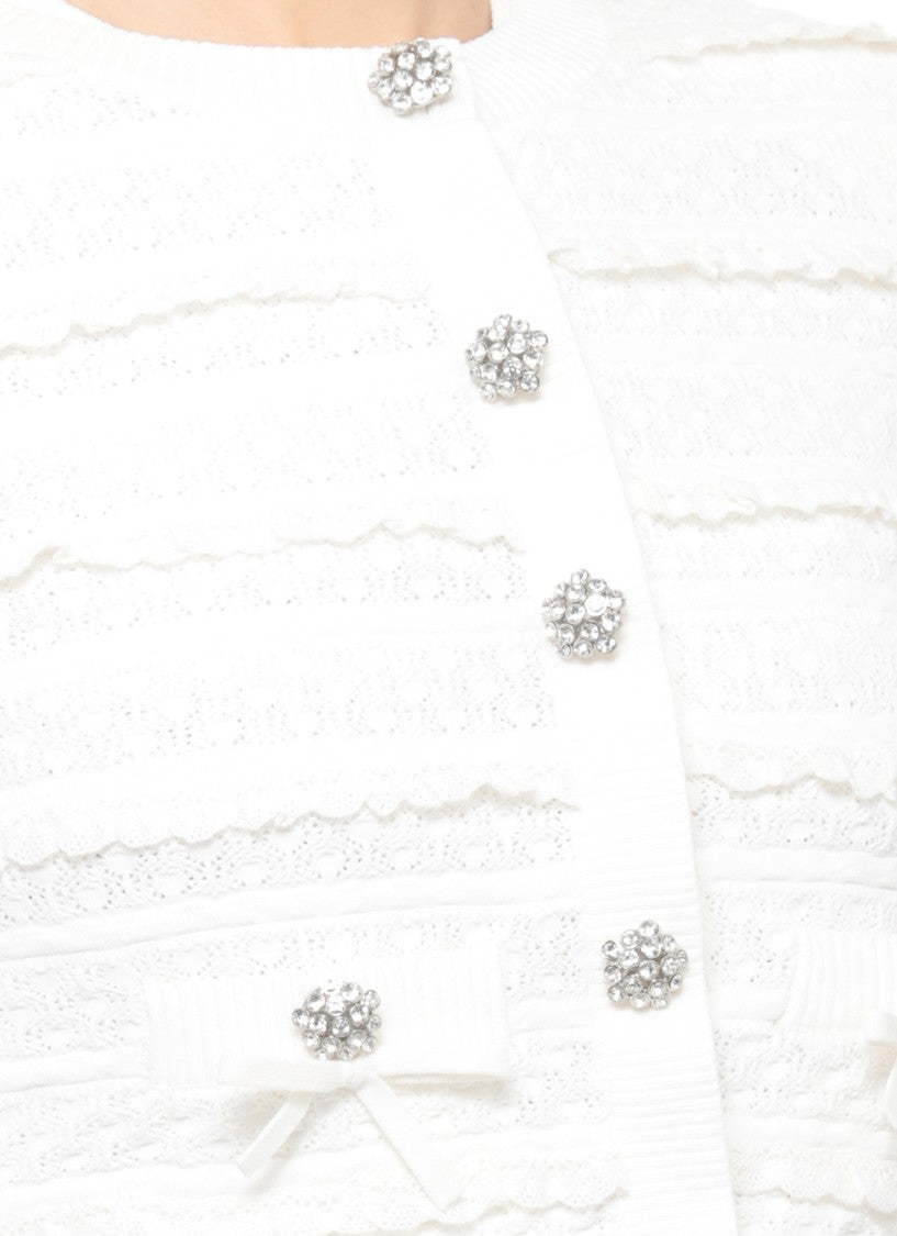 Self-Portrait White Pointelle Diamante Embellished Cardigan