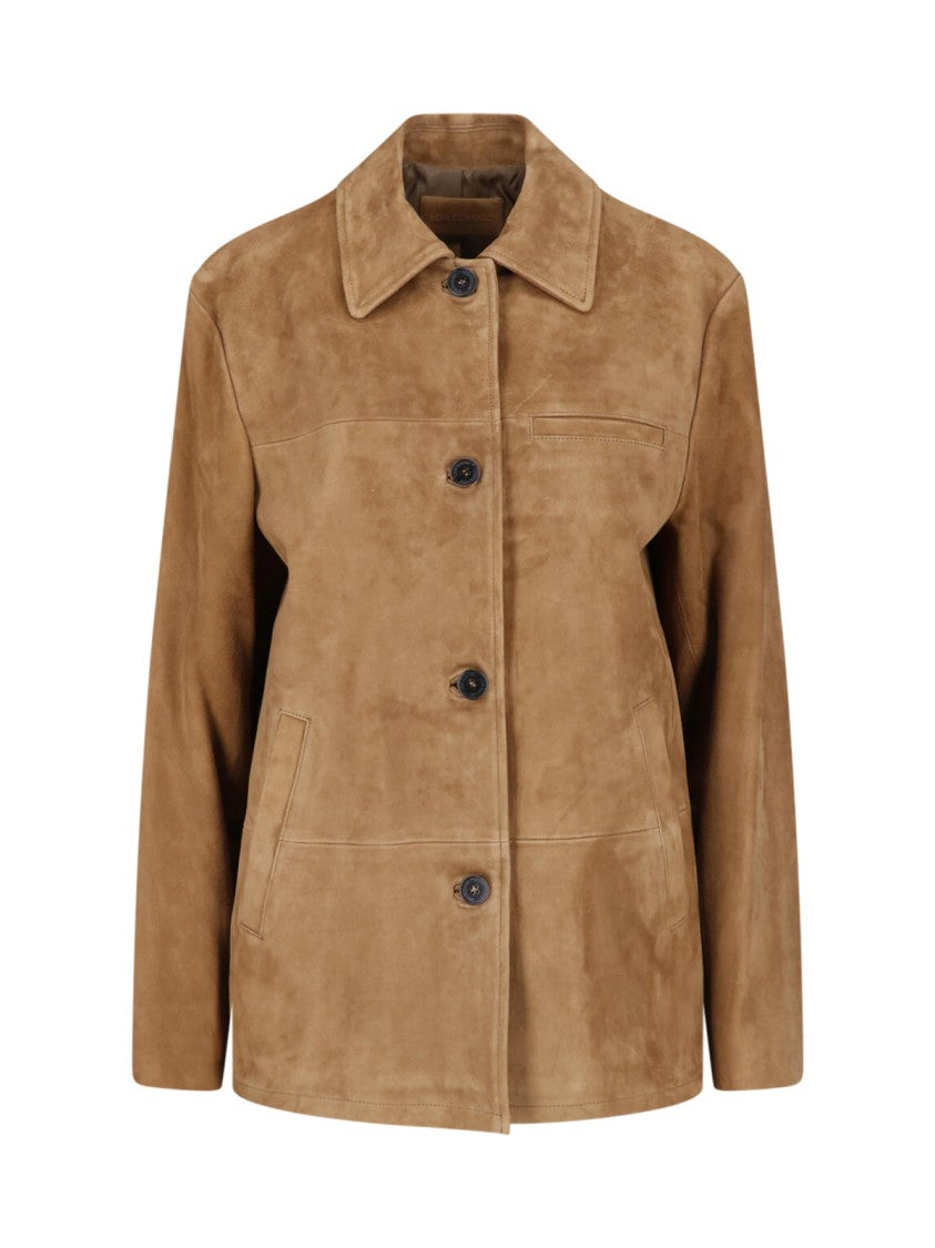 Low Classic Brown Classic-Collar Button-Up Suede Jacket