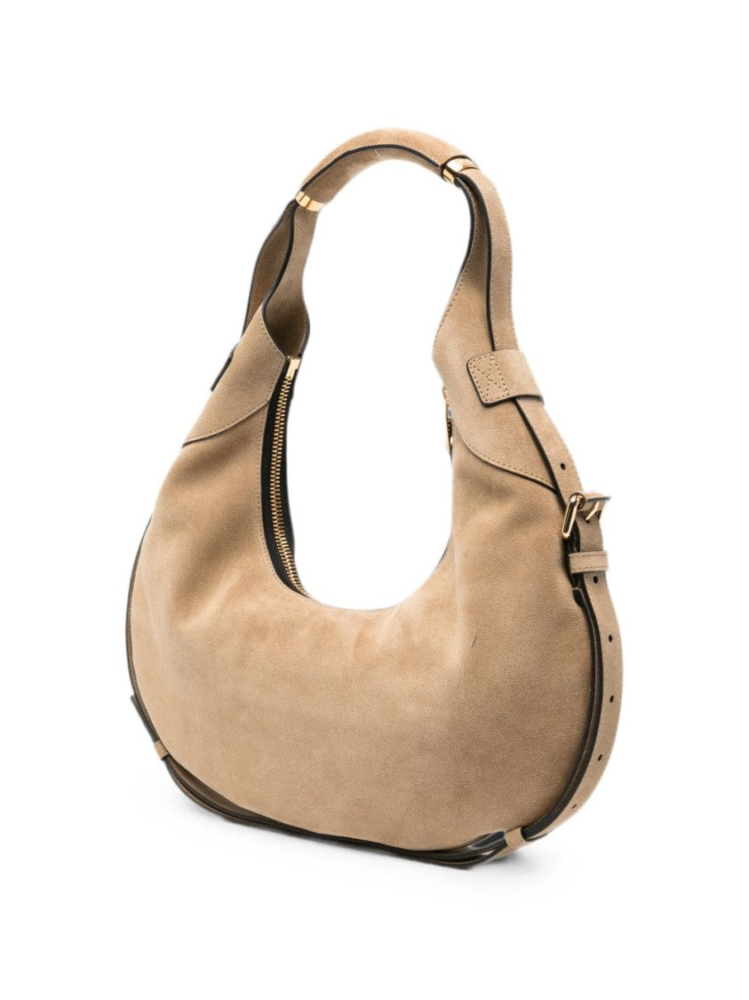 Moschino Crescent-Shaped Suede Bag With Gold Hardware Accents