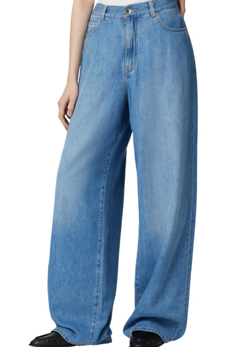 Pinko Blue Wide-Leg Light Wash Cotton-Blend Jeans