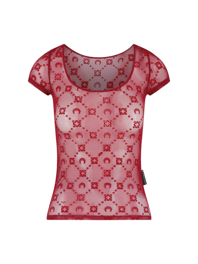 Marine Serre Red Moonogram Flocked Mesh Fitted Top