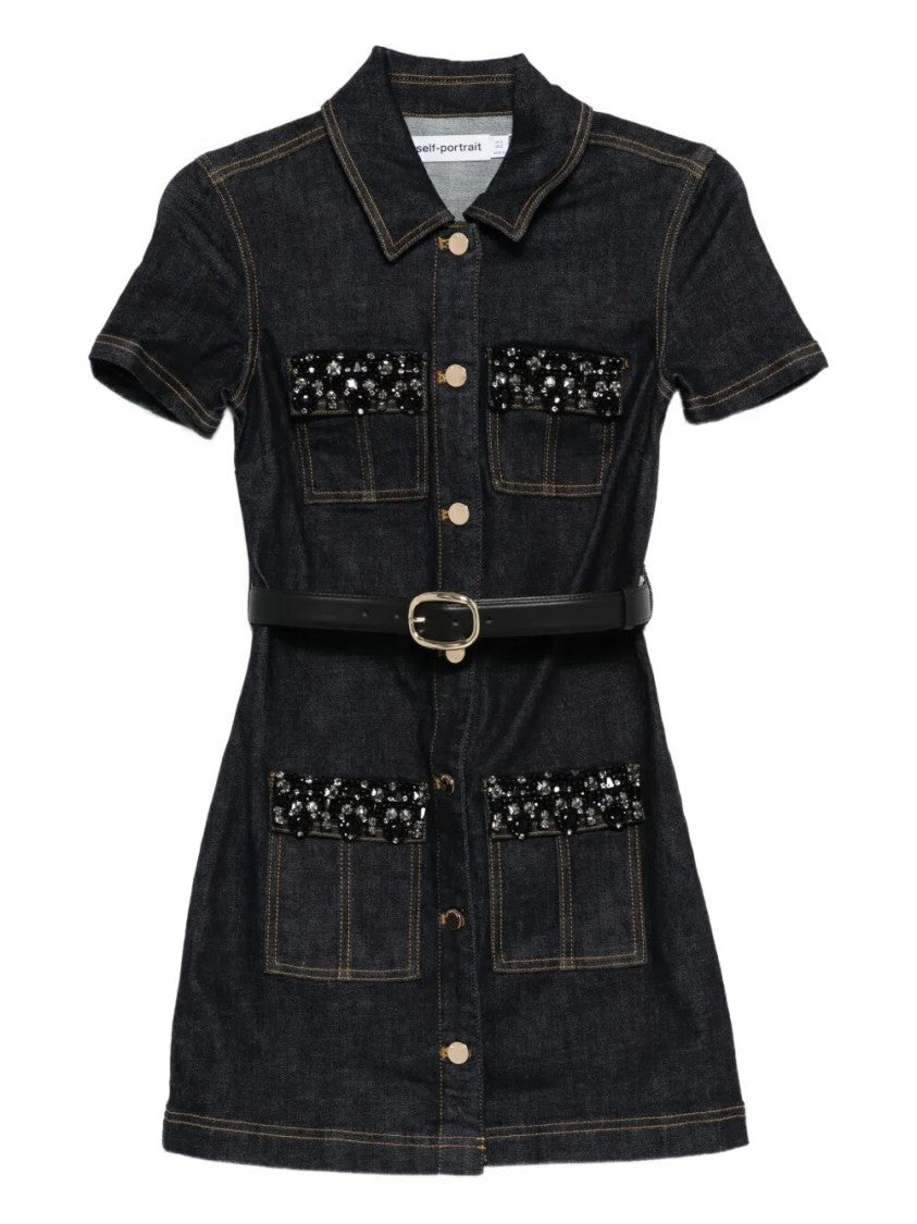 Self-Portrait Denim Crystal Trim Mini Dress