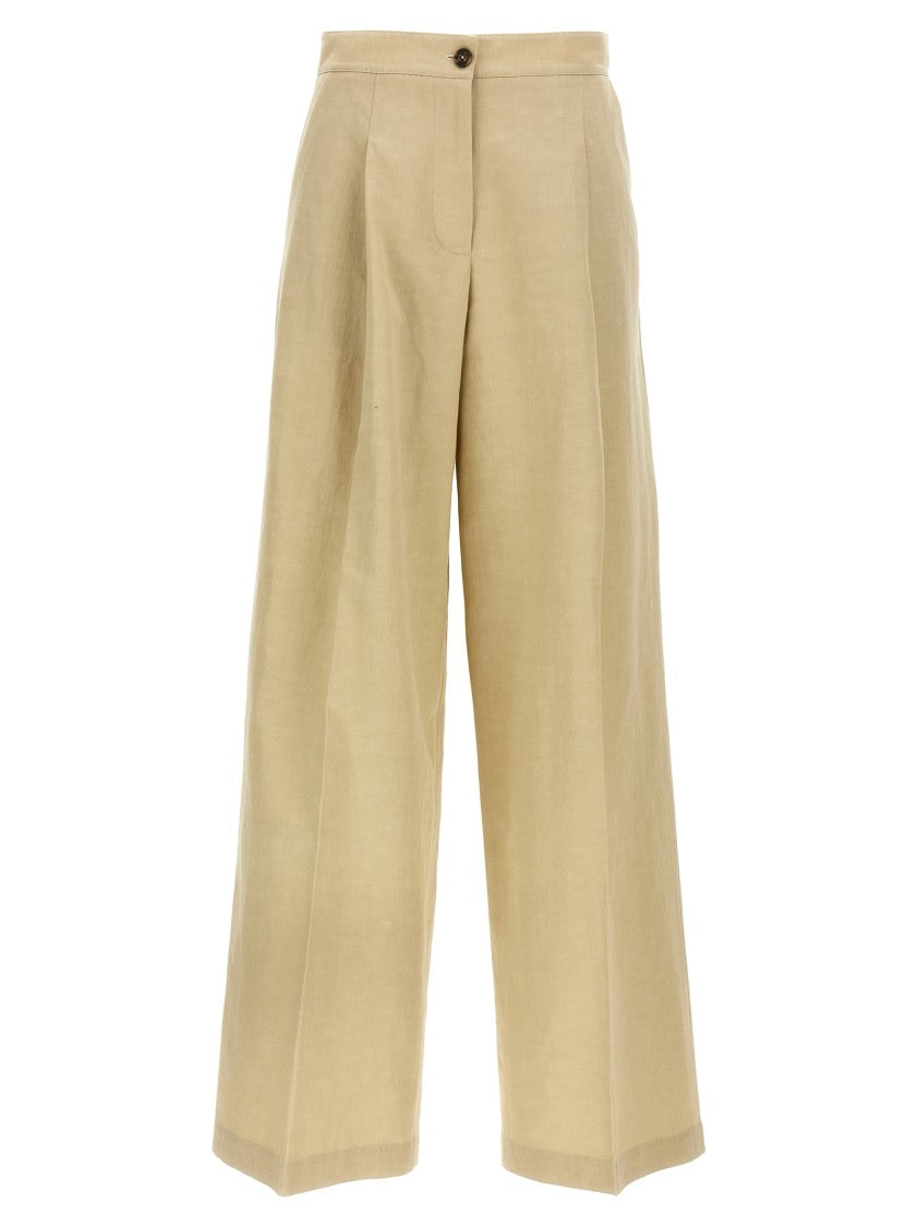 Yves Salomon High-Waisted Linen Blend Trousers With Pressed Pleats