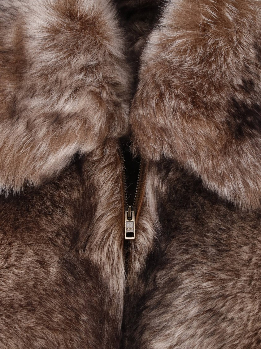 Chloé Brown Classic Collar Zippered Cropped Shearling Jacket