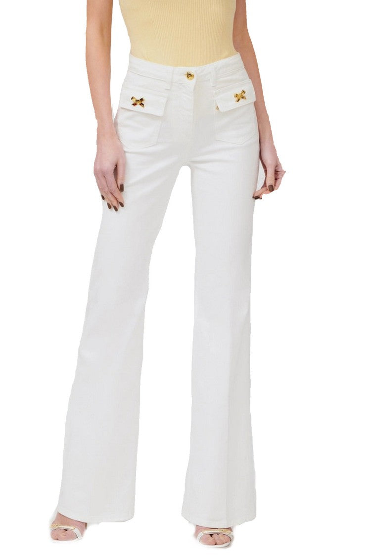 Elisabetta Franchi White Flap Pocket Gold Bow Accent Cotton Wide-Leg Jeans