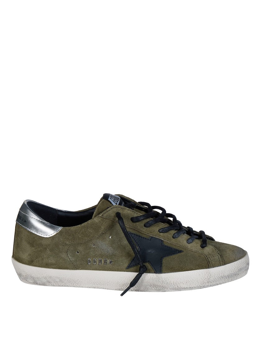 Golden Goose Super Star Distressed Olive Green Suede Sneakers