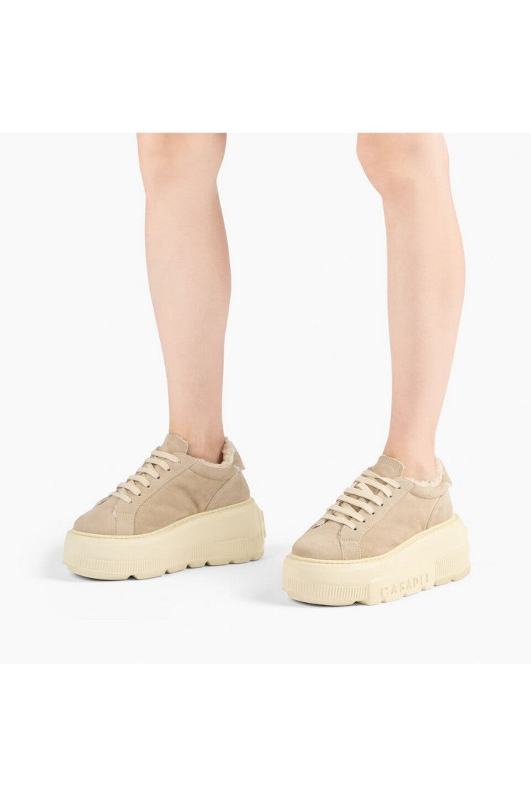Casadei Beige Suede Shearling-Trim Platform Sneakers