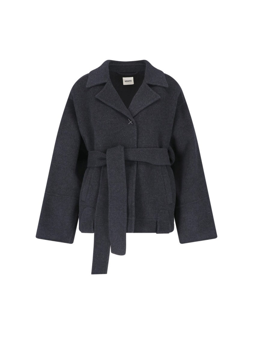 Khaite Textured Grey Wool Jacket With Classic Lapel And Belted Waist