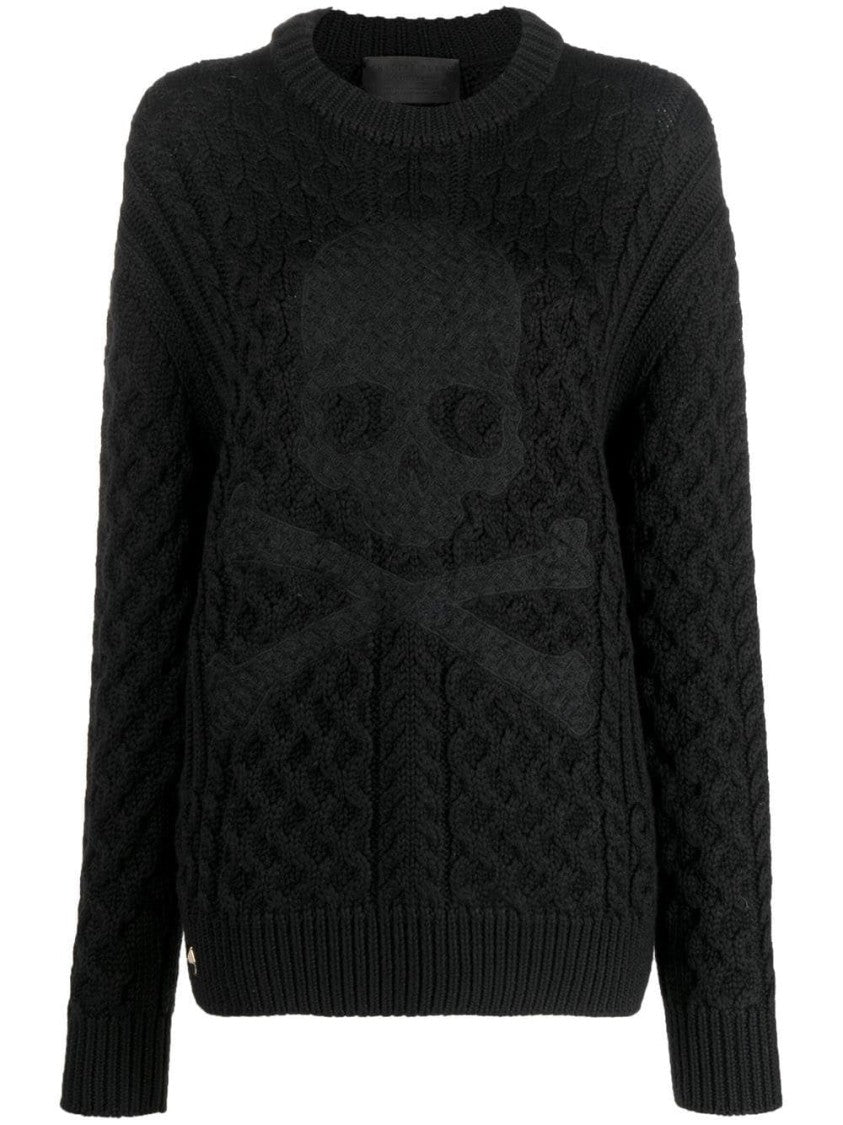 Philipp Plein Textured Cable Knit Pullover With Skull Motif