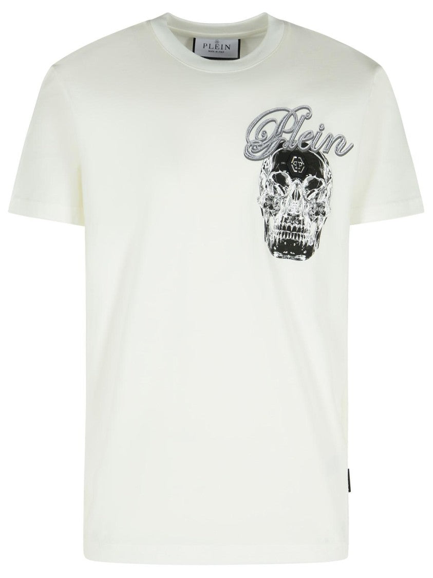 Philipp Plein Ribbed Crew Neck T-Shirt With Logo Patch And Chest Print