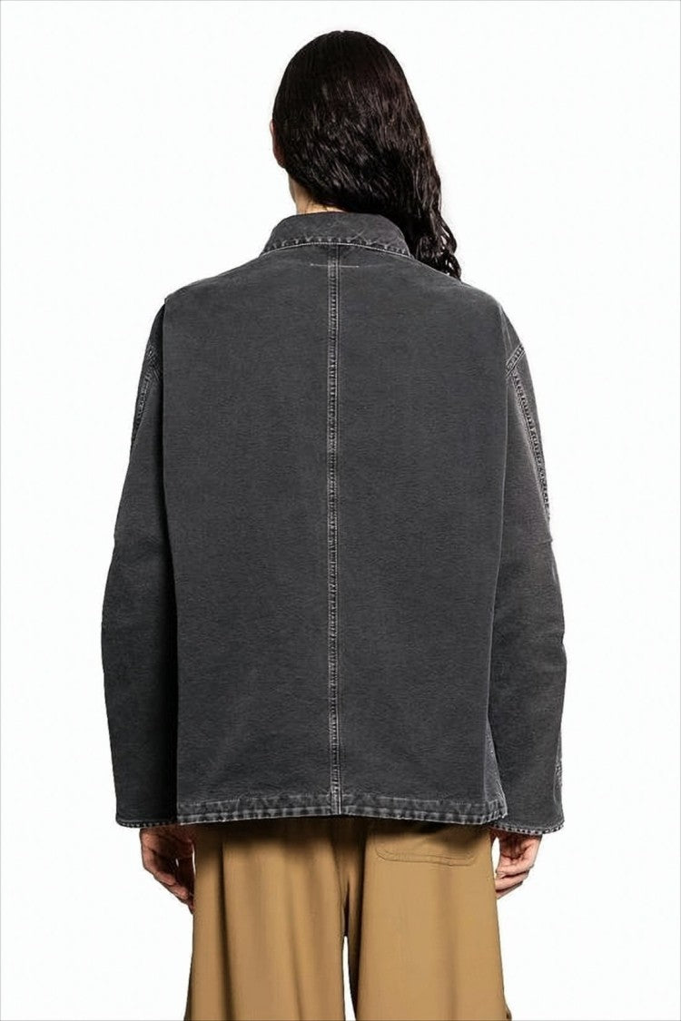 Mm6 By Maison Margiela Boxy Oversized Black Cotton Jacket With Vintage Finish