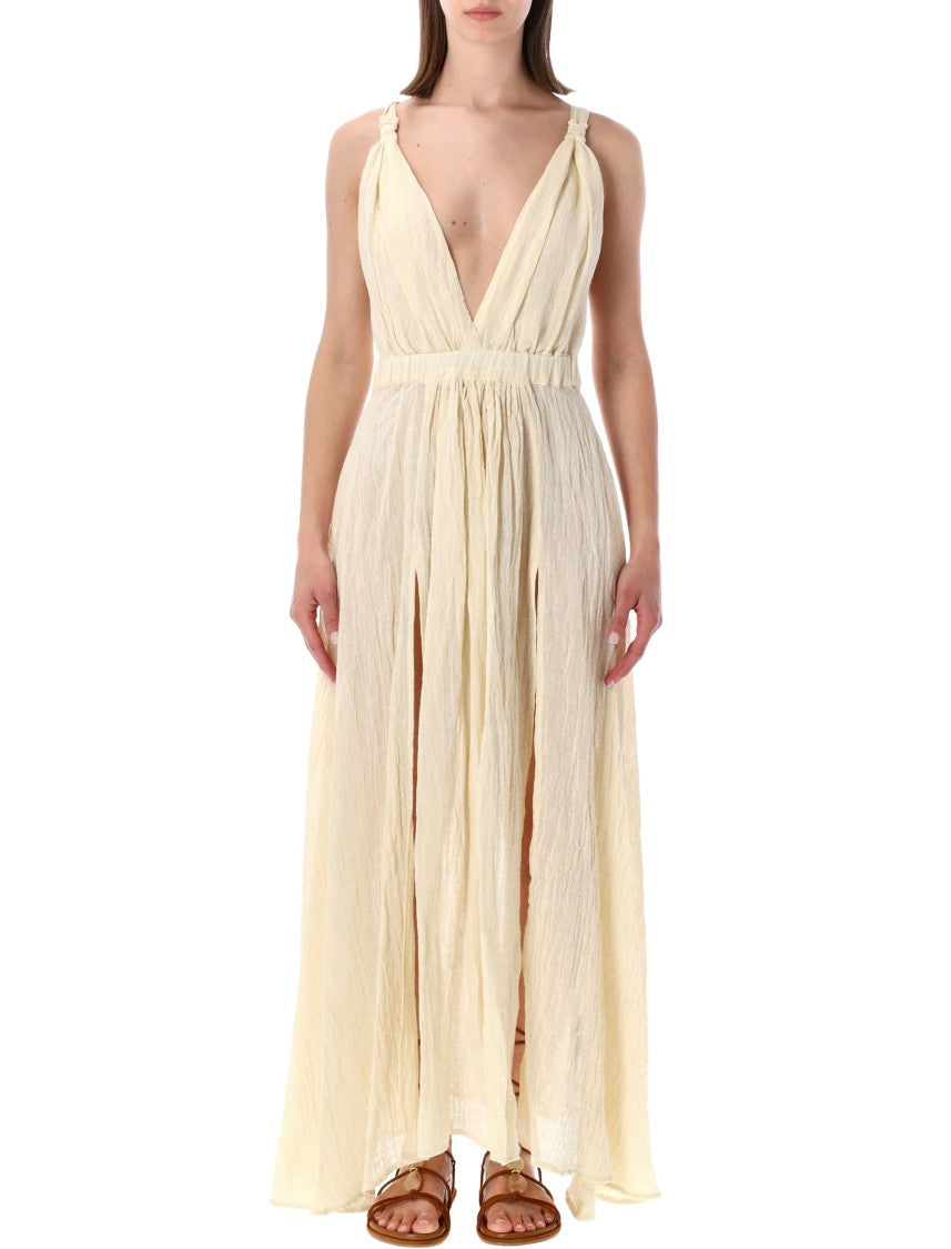 120% Lino Crinkled Maxi Dress With Deep V-Neckline