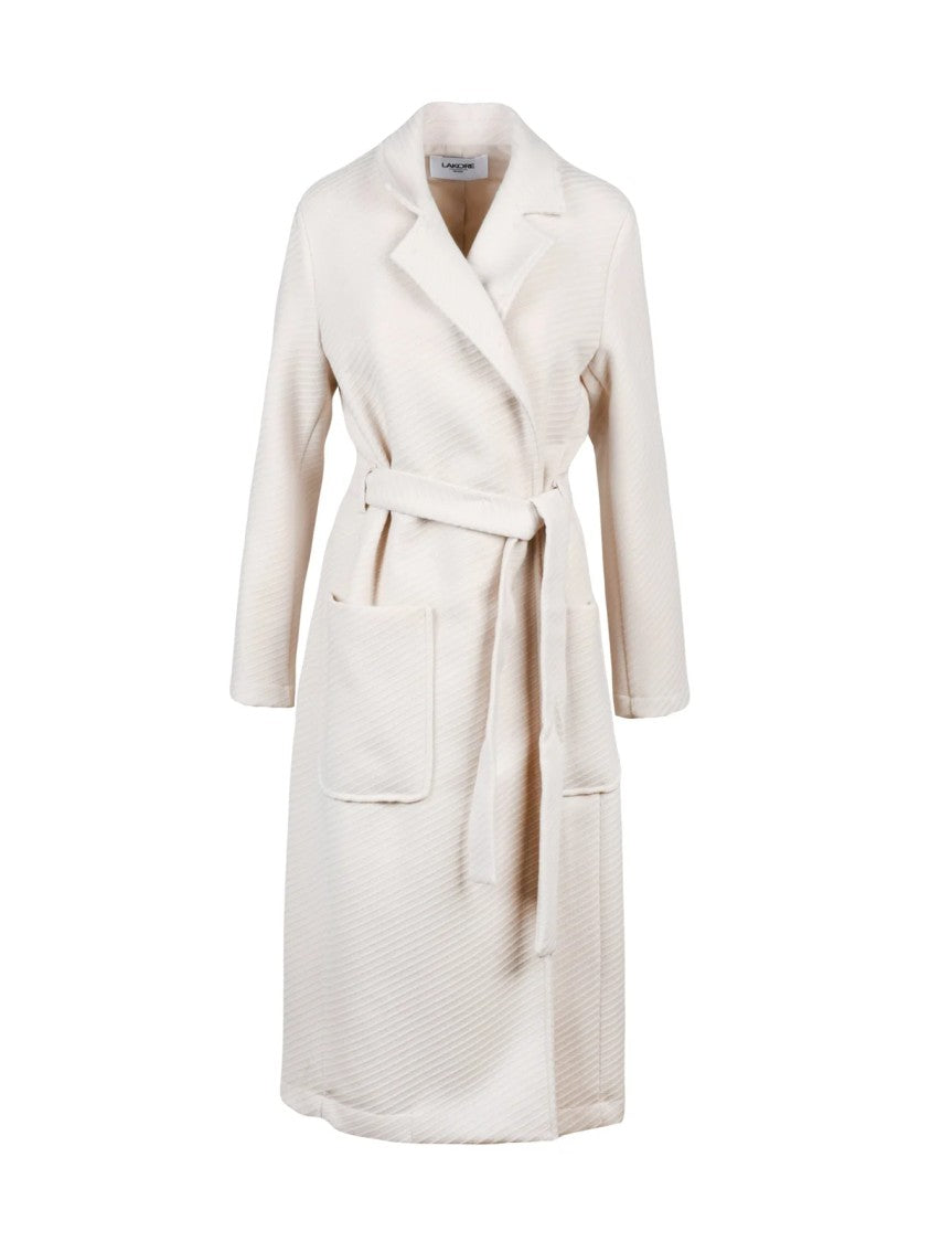 Lakore White Belted Wool-Blend Long Coat