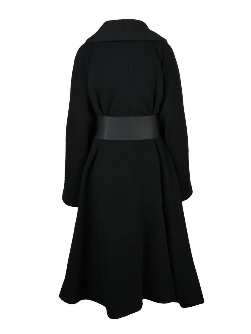 Balenciaga Flared Black Coat With Wide Collar And Belted Cinch