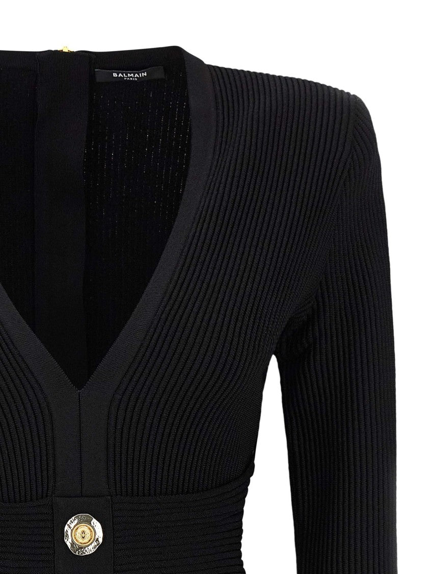 Balmain Deep V-Neck Bodycon Dress With Decorative Gold Tone Buttons