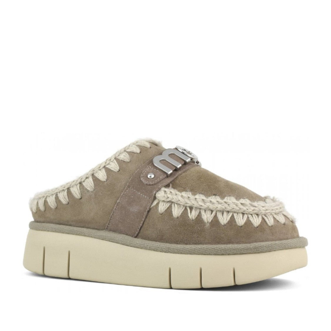 Mou Gray Bounce Sheepskin Braided Trim Slides