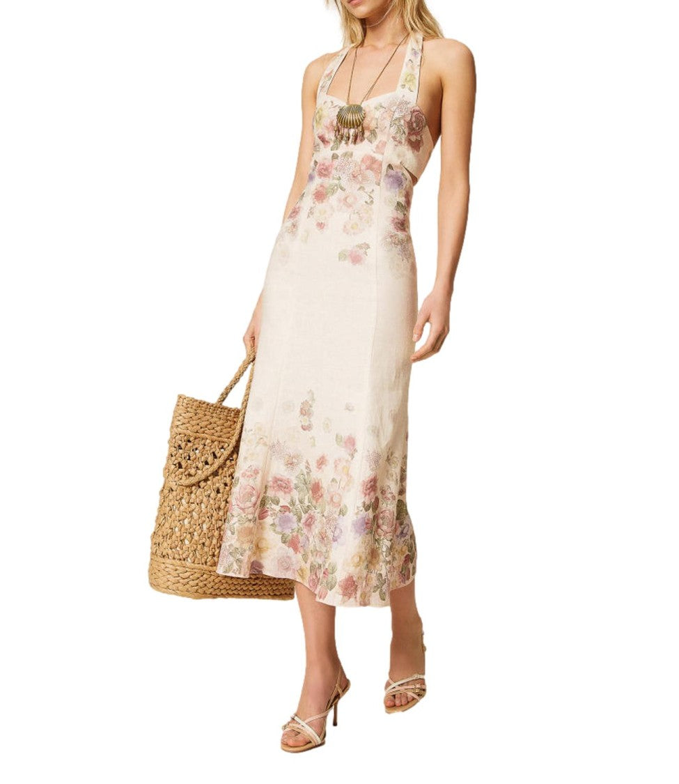 Twin-Set Long Cut-Out Dress With Floral Detailing