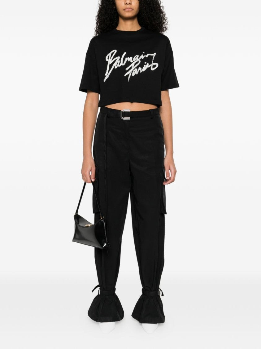 Balmain Cropped Black T-Shirt With Bold White Logo