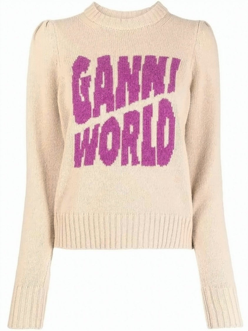 Ganni Knitted Sweater With Ribbed Details And Bold Graphic