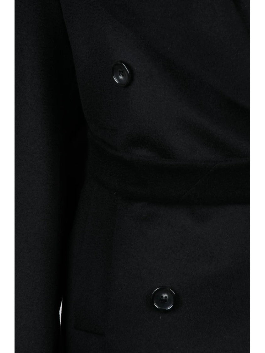 Sportmax Black Double-Breasted Belted Virgin Wool Peacoat