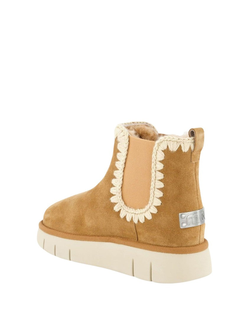 Mou Bounce Brown Crocheted Wool Trim Suede Ankle Boots