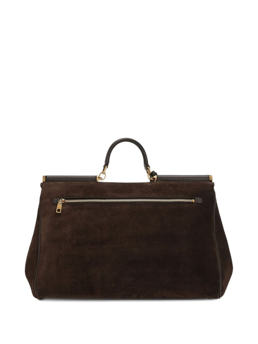 Dolce & Gabbana Structured Brown Suede Handbag With Gold-Tone Lock