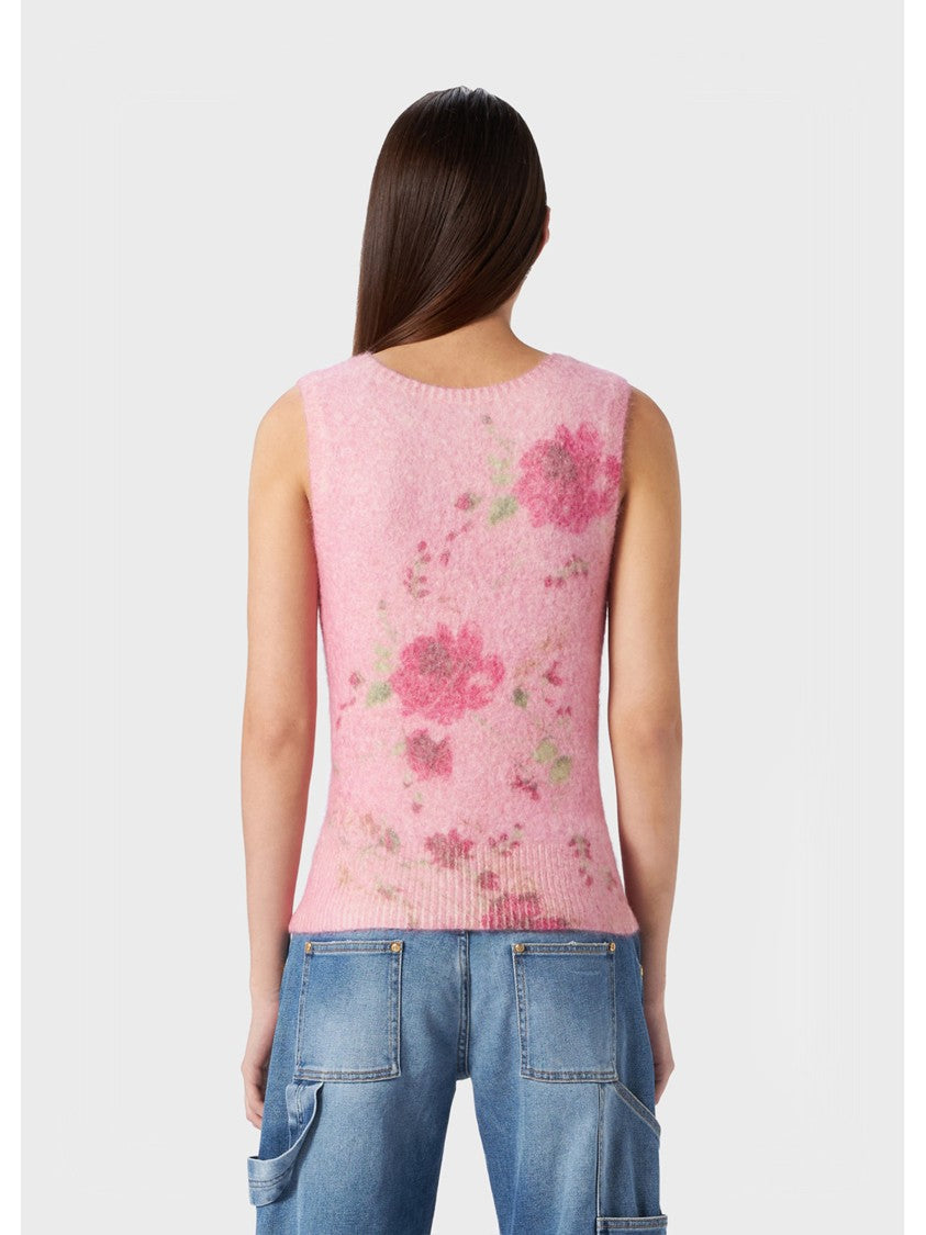 Blumarine Sleeveless Alpaca Blend Floral Knit Top