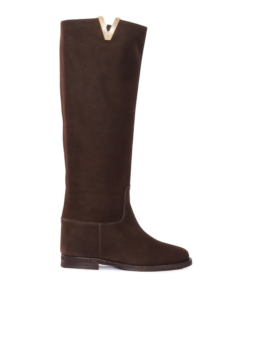 Via Roma 15 Tall Leather Boots With V-Shaped Metallic Accent