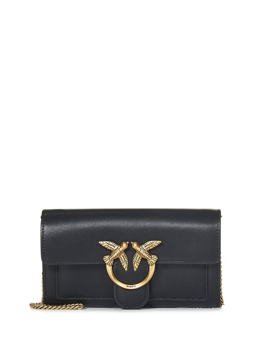 Pinko Chain-Shoulder Black Wallet With Love Birds Buckle
