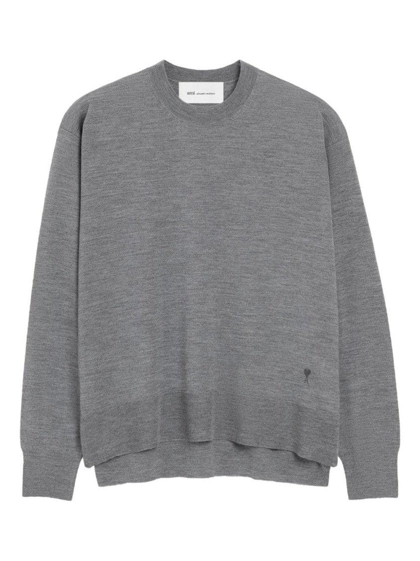 Ami Paris Grey Ribbed Finishes Wool Sweater